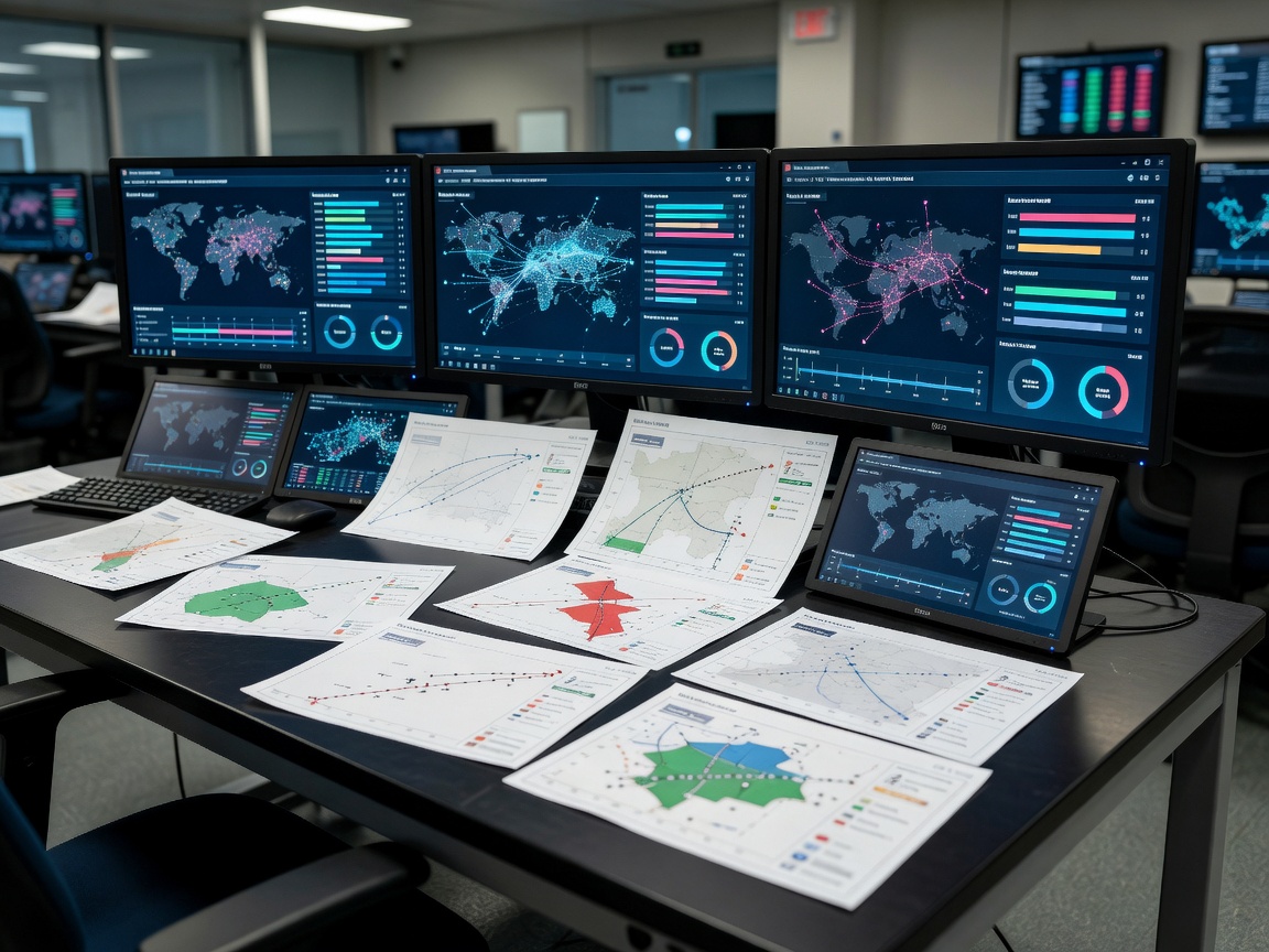 Coordination desk with flight plans and logistics software visible on monitors