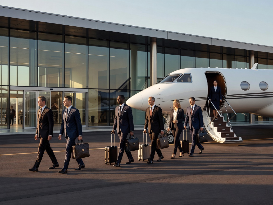 Executive passengers walking from a private terminal to a waiting aircraft