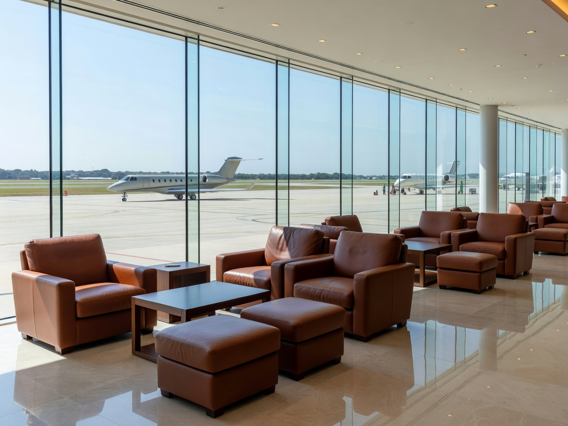 Executive terminal interior with premium seating and clear views of the runway
