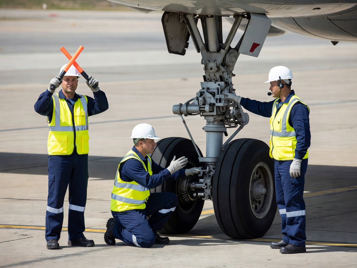Ground crew members coordinating next to an aircraft landing gear