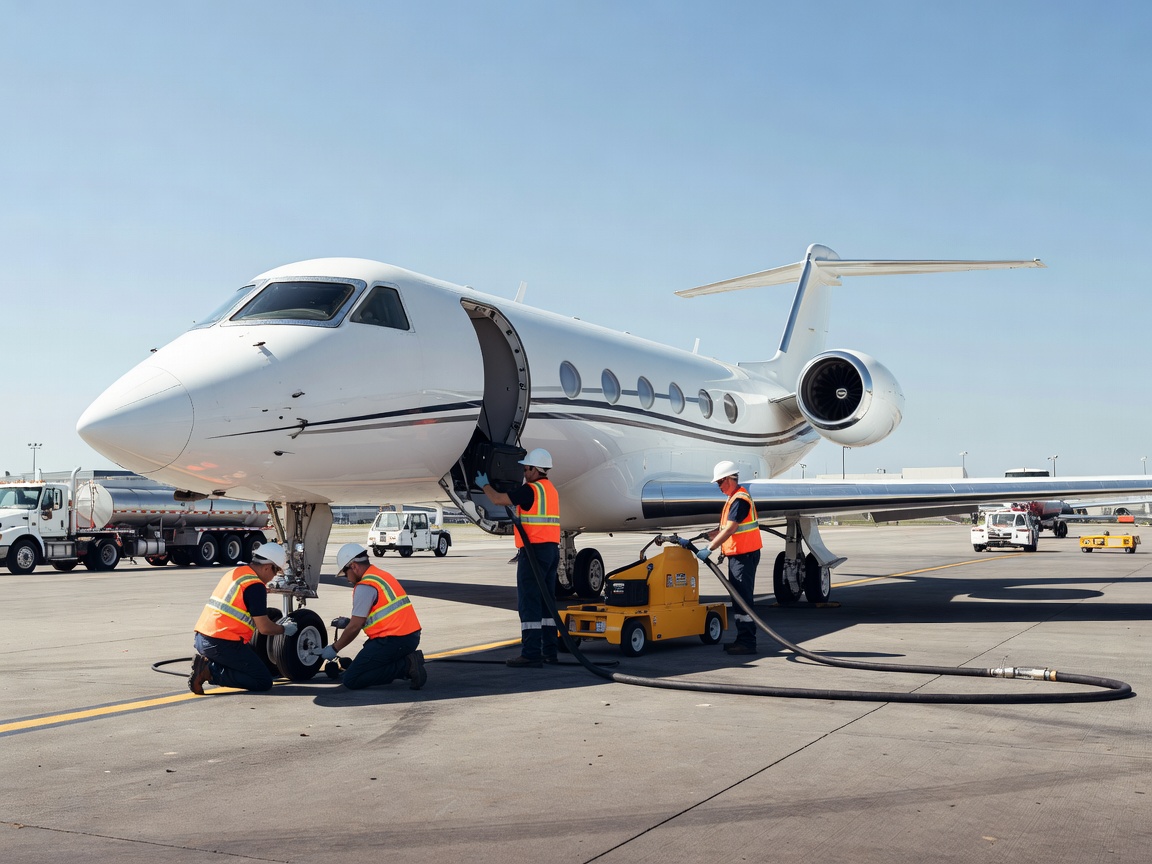 Ground crew servicing a business jet on a busy apron