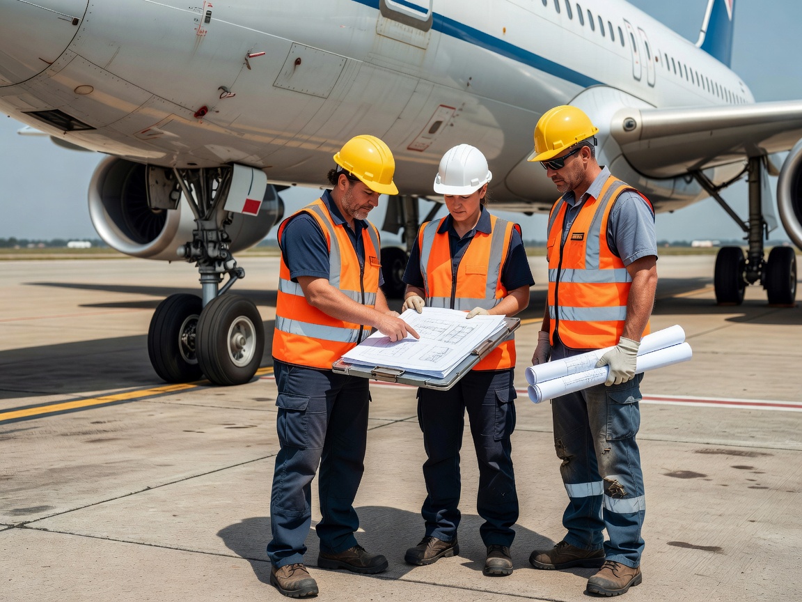 Ground personnel reviewing operational documents near a parked aircraft