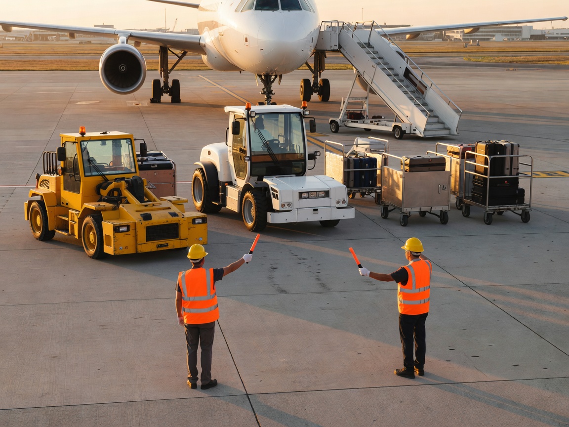 Ground support equipment staged on the apron with marshalling wands