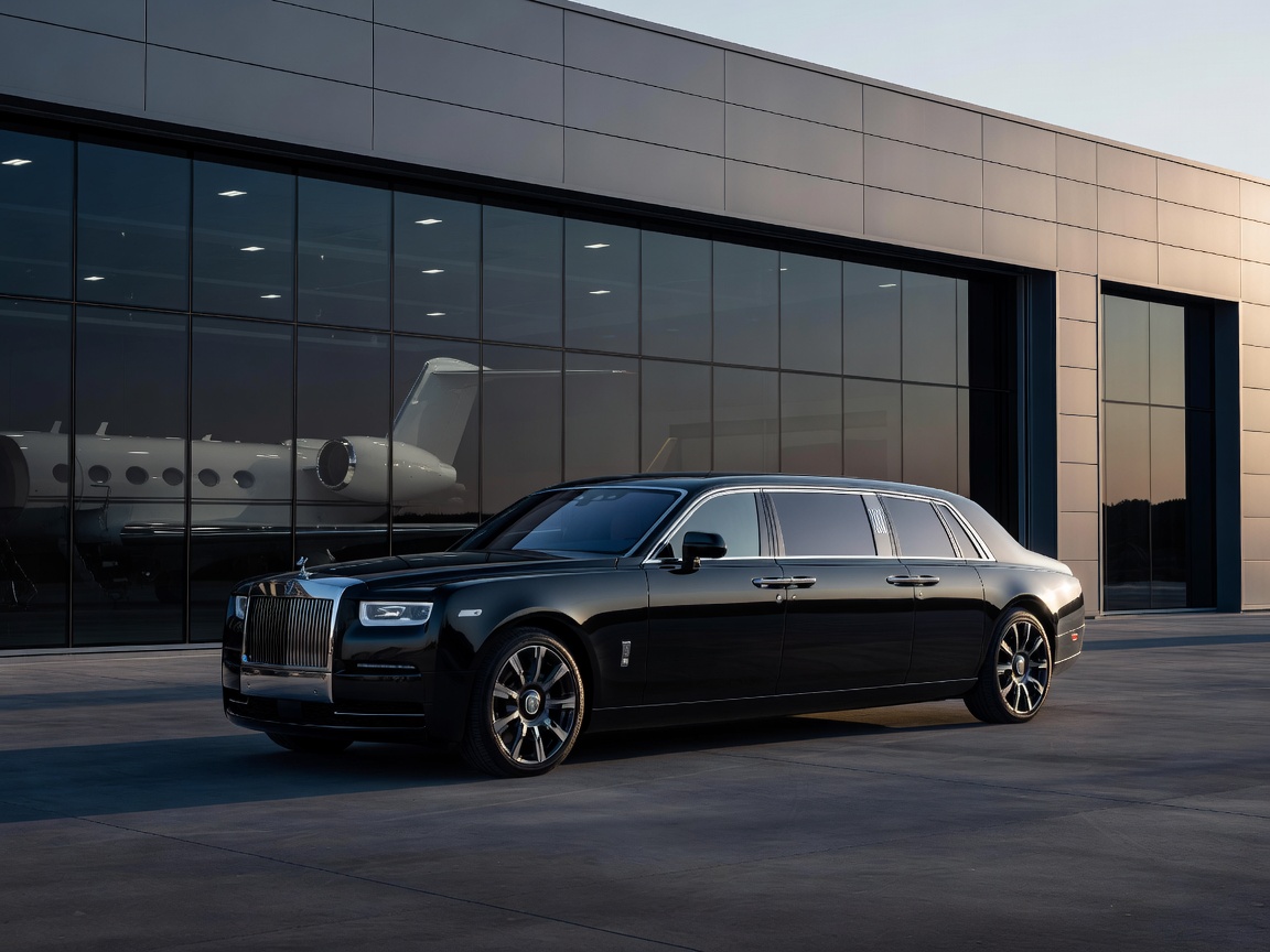 Luxury ground transportation waiting outside a private aviation hangar