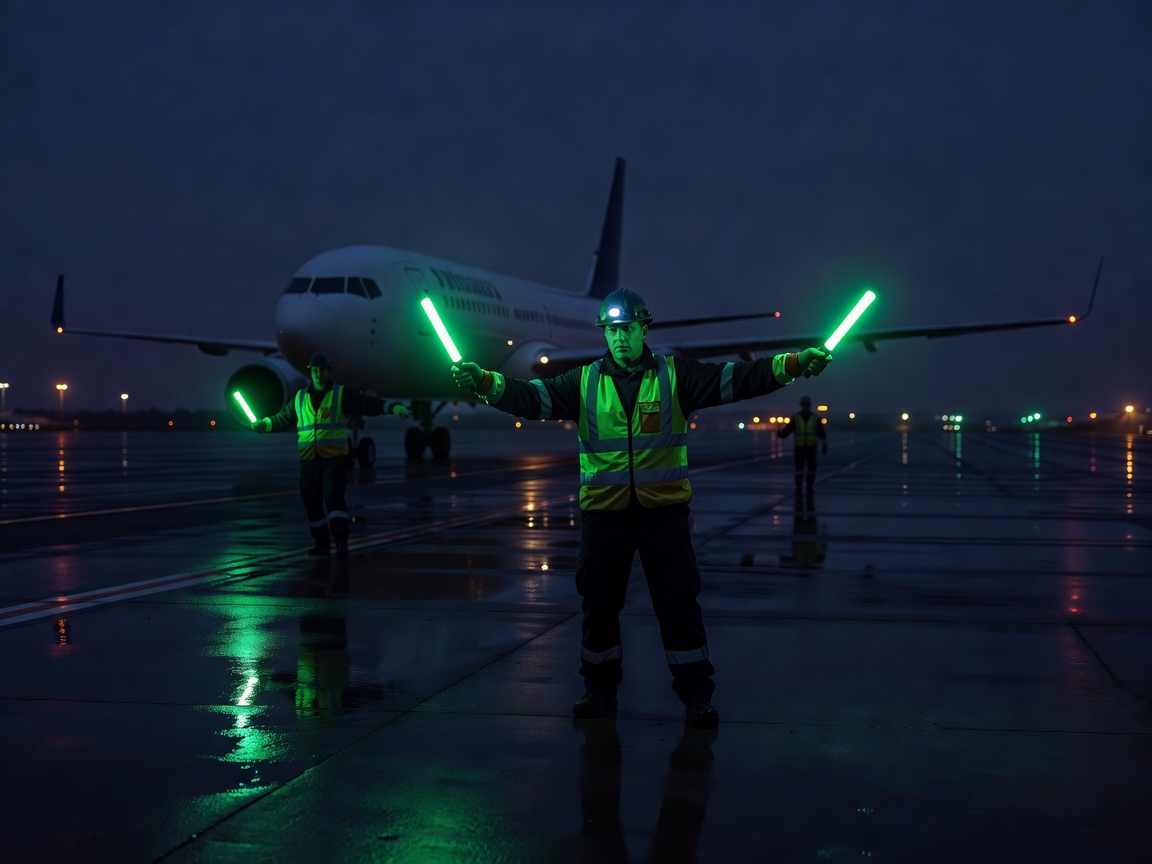 Ramp personnel coordinating aircraft movement using marshalling wands at night