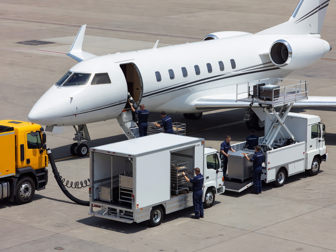 Refueling truck and catering vehicles servicing a private jet